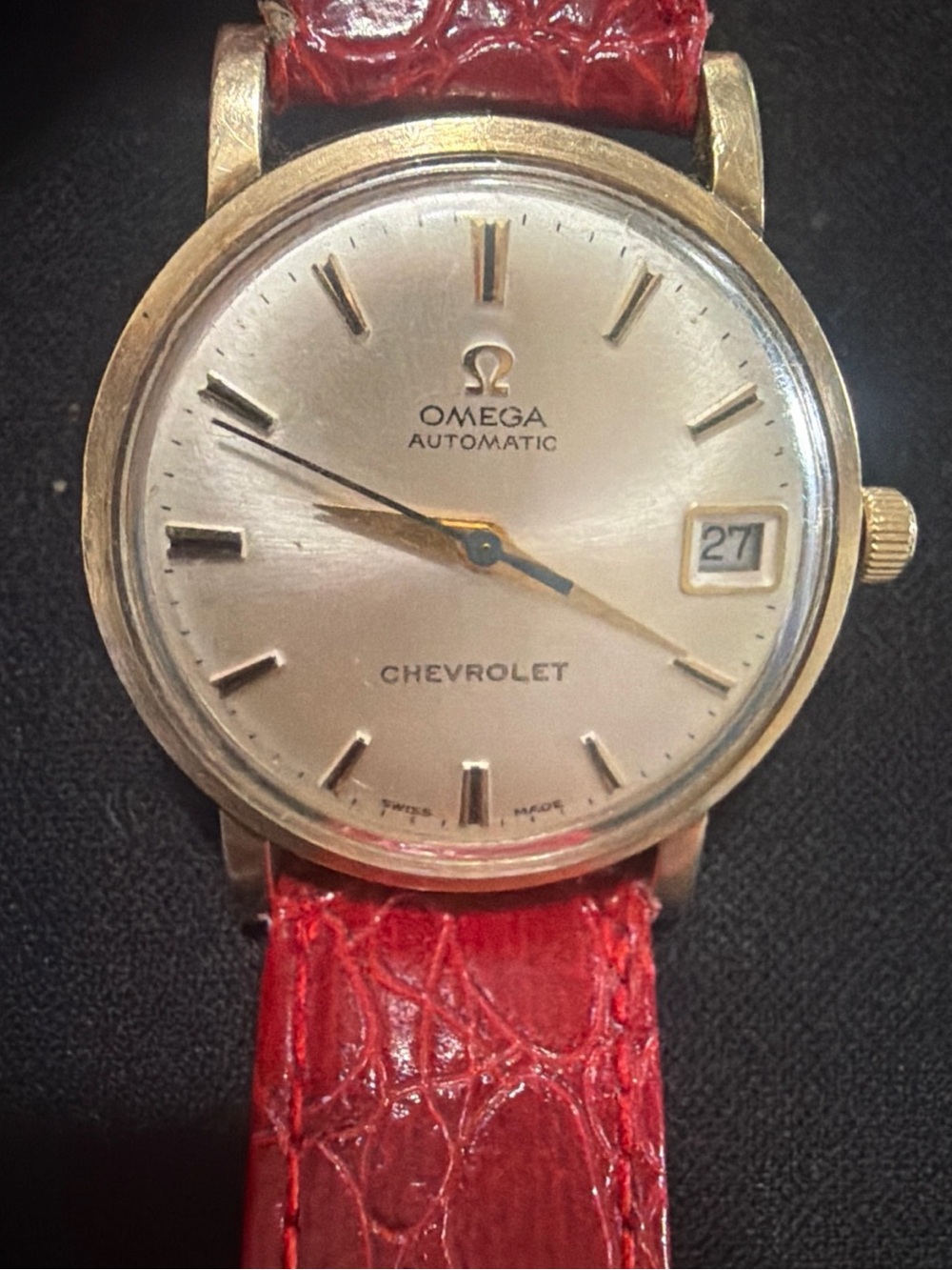 Vintage Omega Automatic Men’s Watch - Red Leather Strap and Chevrolet dial